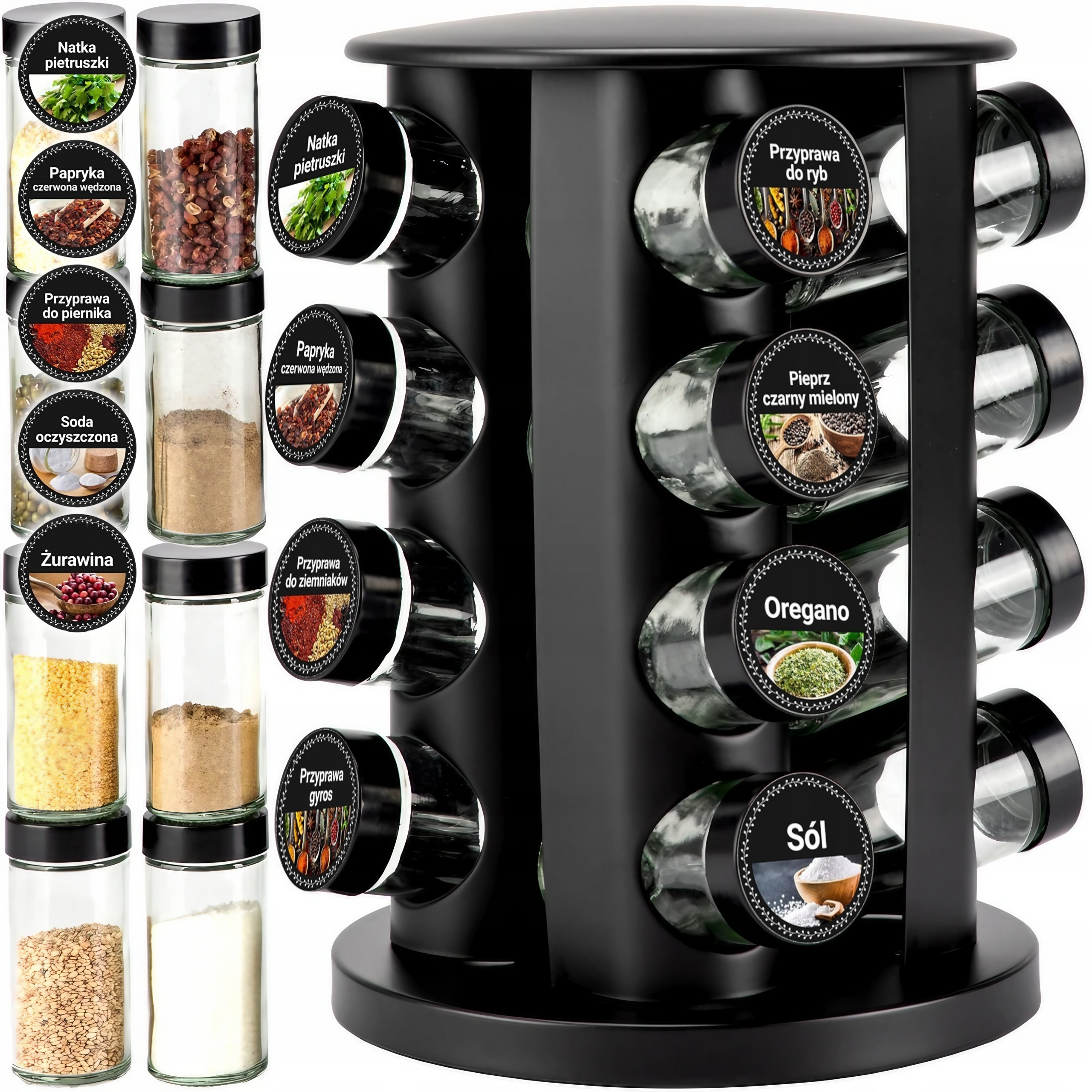 Obrotowy-stojak-na-przyprawy-16-słoiczków-czarny-mat-naklejki