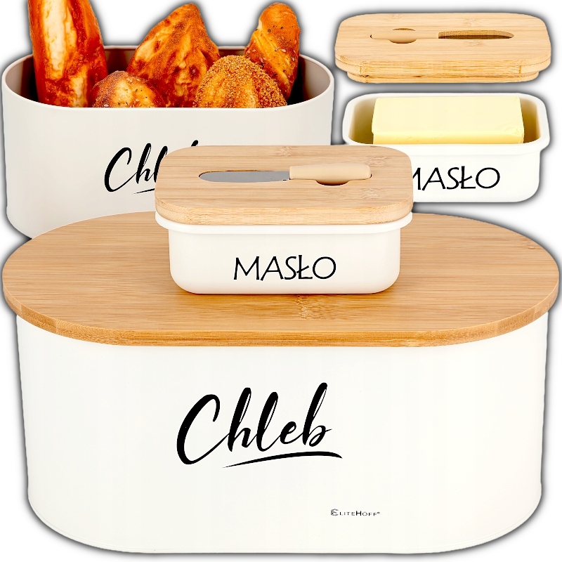 "Chlebak bambusowy czarny z maselniczką i nożykiem – elegancki zestaw na blat kuchenny"