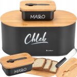 "Chlebak bambusowy czarny z maselniczką i nożykiem – elegancki zestaw na blat kuchenny"