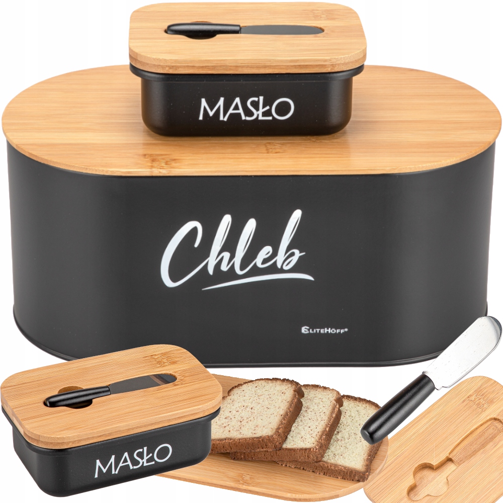 "Chlebak bambusowy czarny z maselniczką i nożykiem – elegancki zestaw na blat kuchenny"