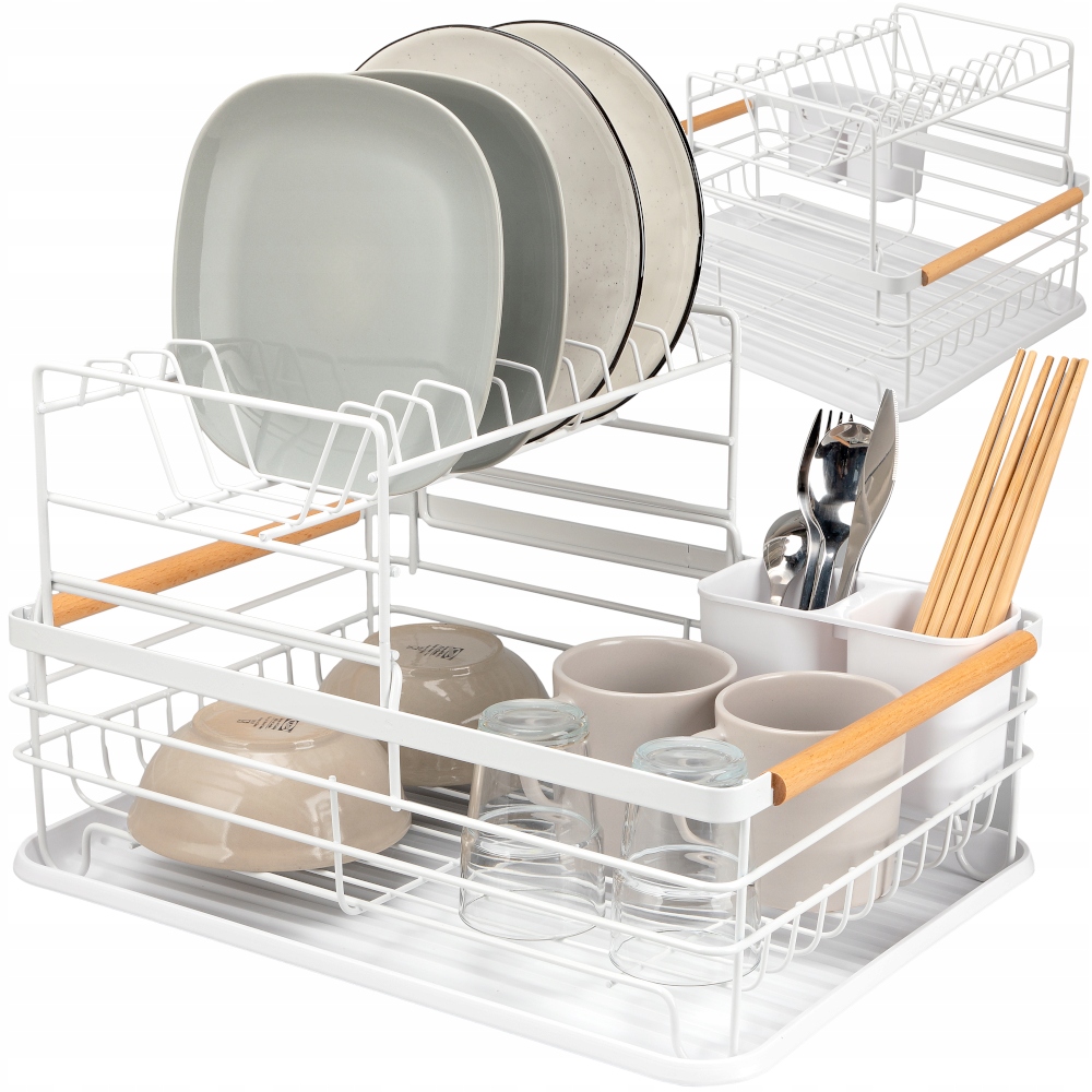 Dwupoziomowy ociekacz na naczynia biały z drewnianymi rączkami
