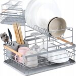 suszarka do naczyń dwupoziomowa szara z drewnianymi rączkami