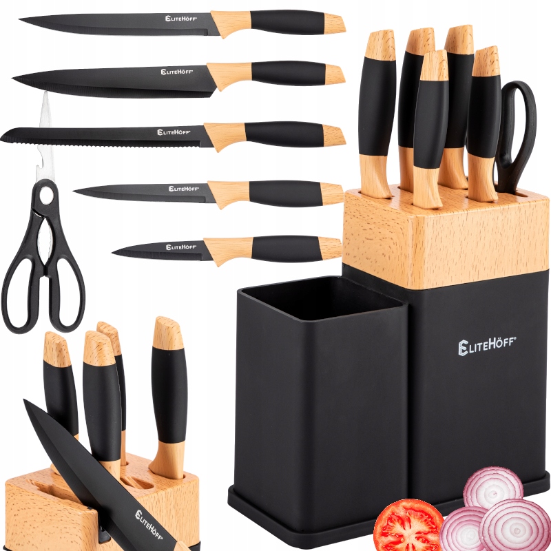 "Zestaw noży kuchennych Elitehoff w bloku z ostrzałką"
